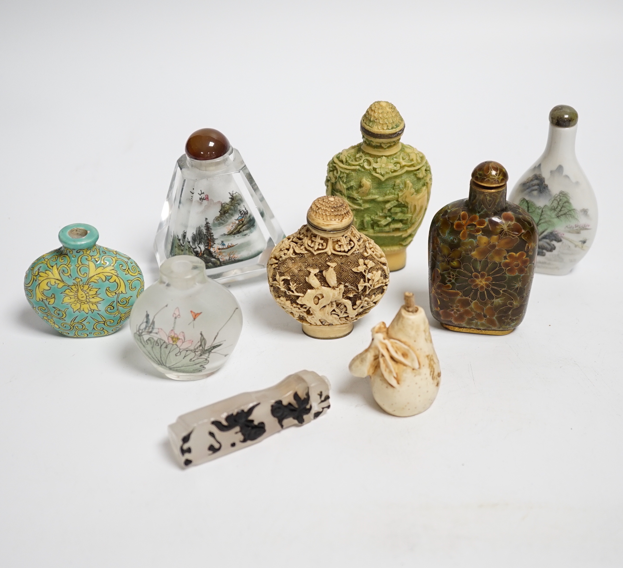 Nine various Chinese snuff bottles including porcelain, resin and glass, largest 8cm high